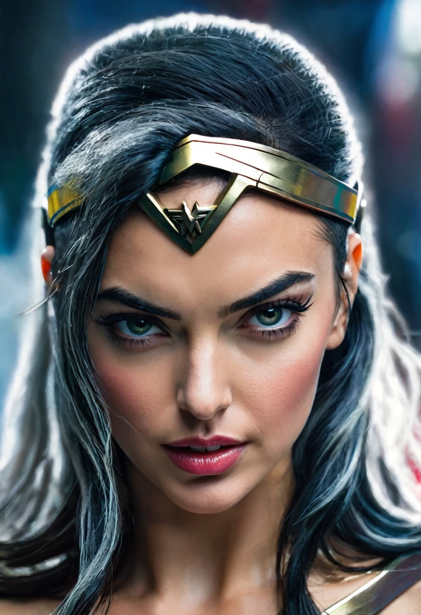 (((In extreme close-up, a cyber punk woman Irina Shayk under the mantle of the Amazon warrior (((a part of his head shaved))) Wonder Woman Diaema Cyber Punk front images color images Splash Wonder Woman Diaema Wonder Woman Cyber Punk))),(((a part of his head shaved))),(((Diaema Wonder Woman))),(((shaved))),(((black hair))),(((Diaema Led Wonder Woman))),(((Diaema Led Wonder Woman))),(((shaved))),(((tiara))), Diaema Wonder Woman))),(((tiara))),(((Front images))),(((Images only from the front))),(((head on))),(((shaved))),(((Cabeza shaved))),(((shaved)))