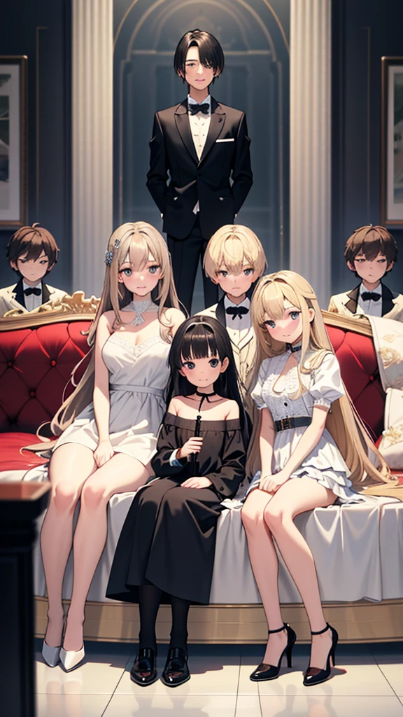 (masterpiece, Highest quality), (Absurd:1.2), (Super detailed, 8K, Ultra-high resolution:1.2), (4 beautiful girls and 4 handsome boys:1.3), young, slim, (Structure of the film), blush, Smile, Dramatic lighting, (short body, body), (Group shot, gathered together, friend), (Several boys:1.2), View your viewers, Are standing, Sitting, Pause, , (Multiple loving couples:1.2), V sign