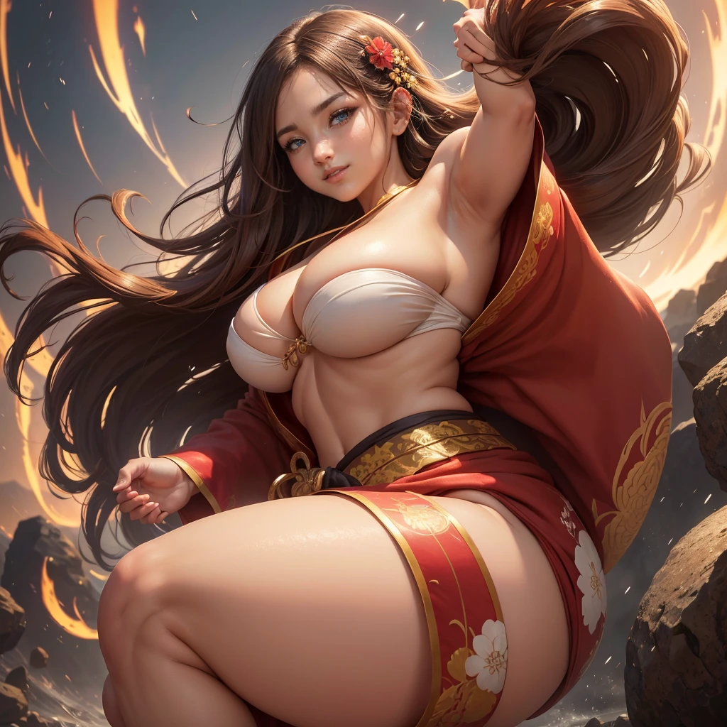 Highly detailed CG unit 8K wallpaper, masterpiece, High resolution, highest quality, highest quality real texture skin, Super Real, Digital Painting, Best image quality, 最High resolution, 8K, (((1 girl))), Very beautiful teenager, ((Highly detailed eyes and face)), Beautiful eyes every detail, Full Body Shot, beautiful kimonos, red kimono, Japanese dress, Dazzling, chinese style embroidery, disproportionate breasts, huge breasts, (sideboobs), ((sagging breasts:1.5, Cleavage:1.5, gigantic breasts, Saggy breasts, Gravity-dependent breasts, Heavy chest)), curvy, erect nipple, ,((tanned skin, smile, grin, Strong winds, typhoon, light brown hair,