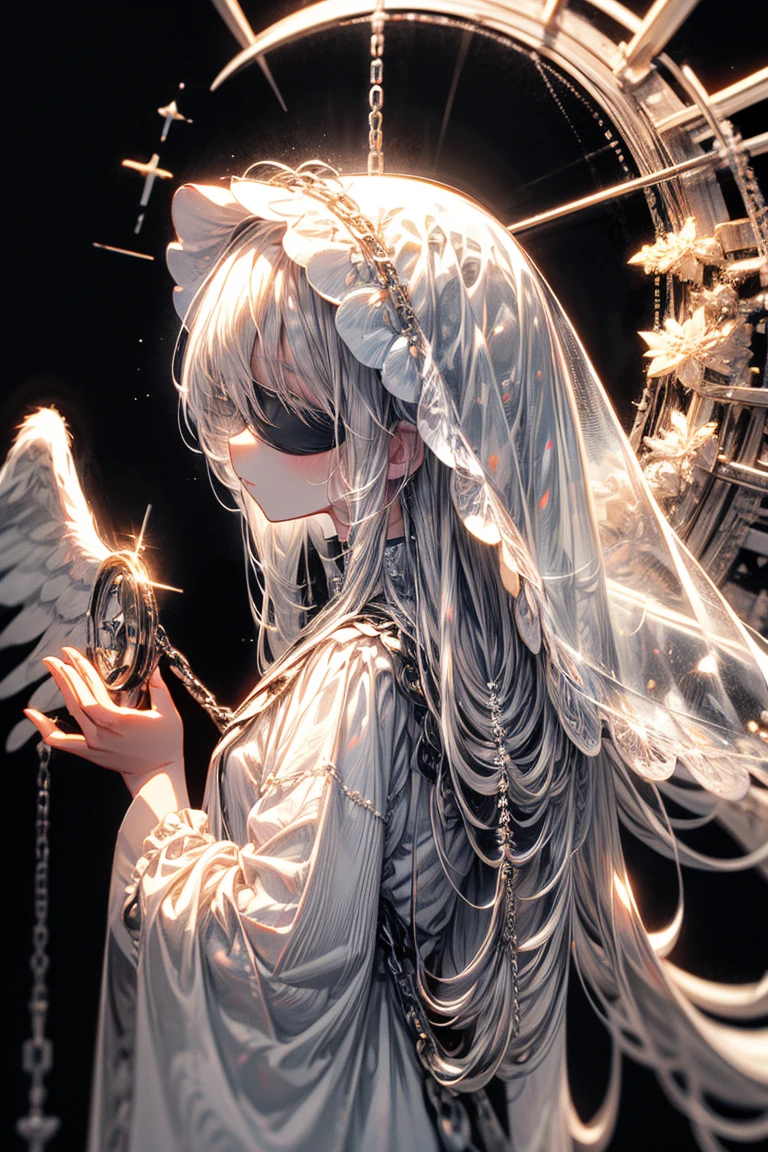 Emo girl, kawaii, silver hair, angel wings, angel, angel ring, bound with chains, blindfolded with black cloth, white flowers, white, pure white, silvery white