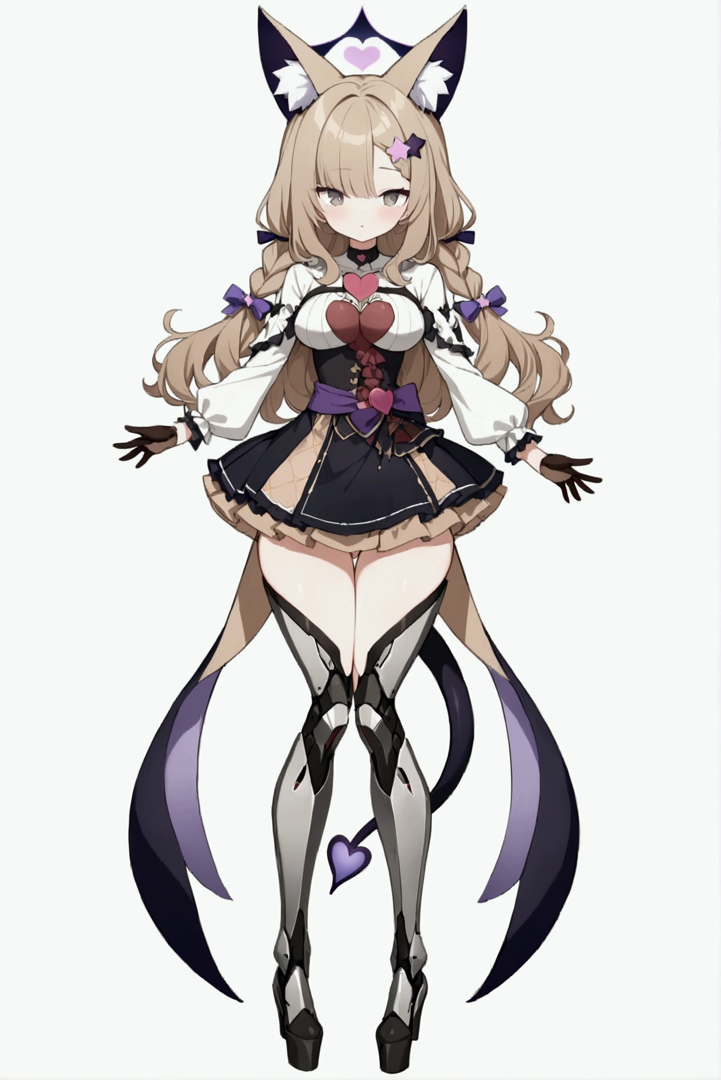 woman 170 cm tall. medium chest, wide hip, slim build, ((whole body)). (((character design sheet: front view))). (dark blonde hair, ((hip length wavy hair, asymmetrical bangs, star hairpin)), (She has a short braid tied with an elegant purple ribbon on the left side of her hair above her chest). (She has a short braid tied with an elegant purple ribbon on the right side of her hair above her chest). She has small hair ties in the back of her hair..). ((Gray eyes with a pink 4-pointed star in the pupil)). (Two black and purple fox ears located on the top of the head). (Luminous black halo with purple star patterns above his head). He has a black collar with a heart emblem on his neck.. (Elegant long one piece dress, thigh-length lace and ruffle skirt, ribbon decorations and star patterns on the dress). black gloves, Black platform heels. gray belt at the waist with a large ribbon with a luminous pink heart in the middle. ((It has a succubus tail that ends in the shape of a heart.)). (((It has complex mechanical legs that reach up to the thighs and are black with small purple details..))). beautiful detailed hair, beautiful detailed dress. extremely detailed arms. extremely detailed face, small face, Beautiful detailed eyes, beautiful detailed lips. adorable. extremely detailed legs. (Best Quality, 4k, high resolution), ultra detailed, Exquisite and epic character art, ((White background)). (Focus on symmetry).
