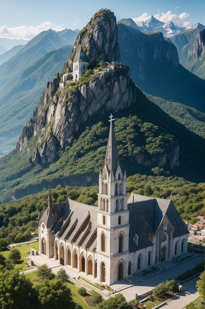 ((best quality)), ((masterpiece)), (detailed), perfect face Create an outside image of a gospel church built over a rock and appears the hole church and the mountain.