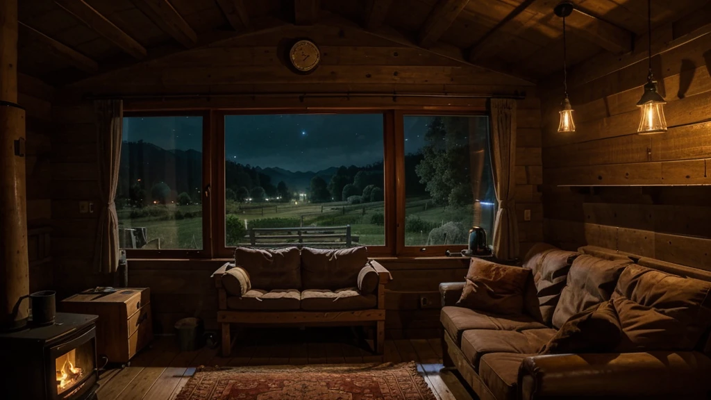 generate a rural area night view from a house windows of scenery. Inside the house there's a wooden tables and cozy sofa, there's also a stove with firewood lighted inside the house