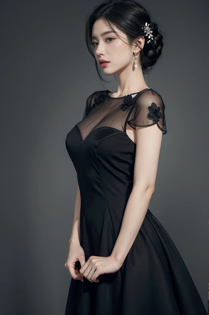 Elegant black dress with black flowers