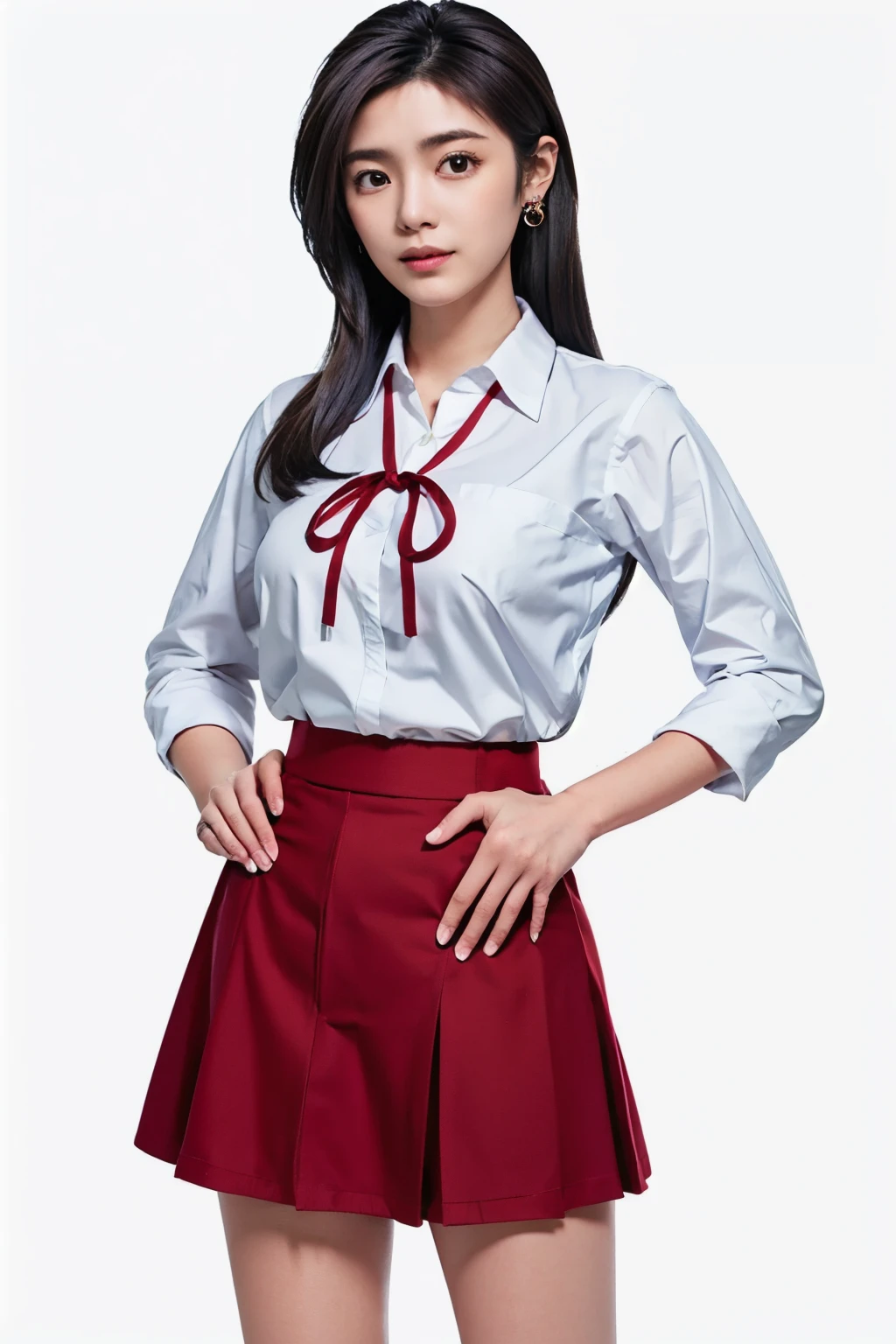 tall, hands on crotch, a full-body shot, long legs, largr breast,earrings,mini skirt,masterpiece, best quality, long hair, standing,Simple White Background, mio serizawa, long sleeves,red ribbon,white shirt, vest, beauty face