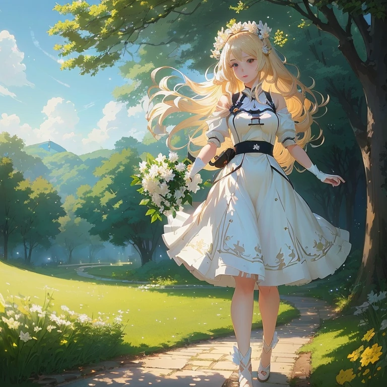 anime girl in a white dress walking down a path in a park, in dress, cute anime waifu in a nice dress, guweiz on pixiv artstation, cushart krenz key art feminine, blonde anime girl with long hair, beautiful maiden, blonde - haired princess, guweiz on artstation pixiv