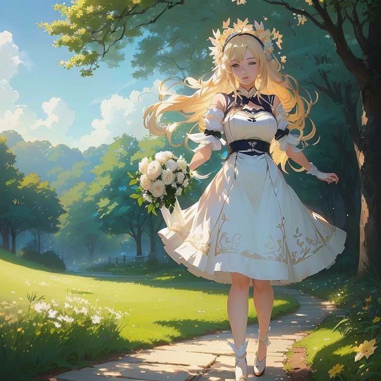 anime girl in a white dress walking down a path in a park, in dress, cute anime waifu in a nice dress, guweiz on pixiv artstation, cushart krenz key art feminine, blonde anime girl with long hair, beautiful maiden, blonde - haired princess, guweiz on artstation pixiv