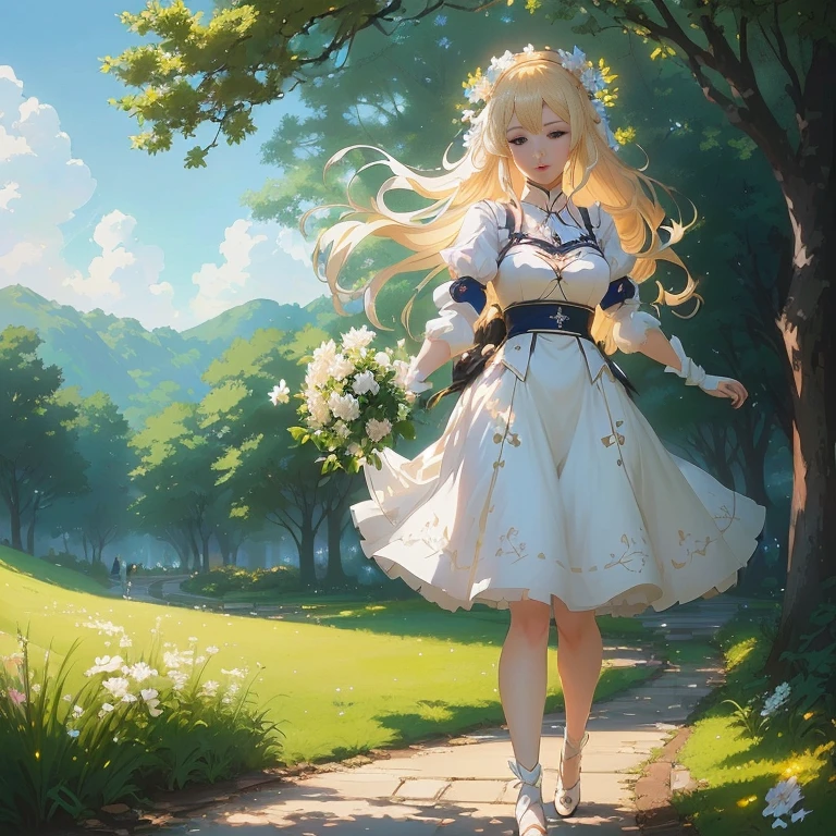 anime girl in a white dress walking down a path in a park, in dress, cute anime waifu in a nice dress, guweiz on pixiv artstation, cushart krenz key art feminine, blonde anime girl with long hair, beautiful maiden, blonde - haired princess, guweiz on artstation pixiv