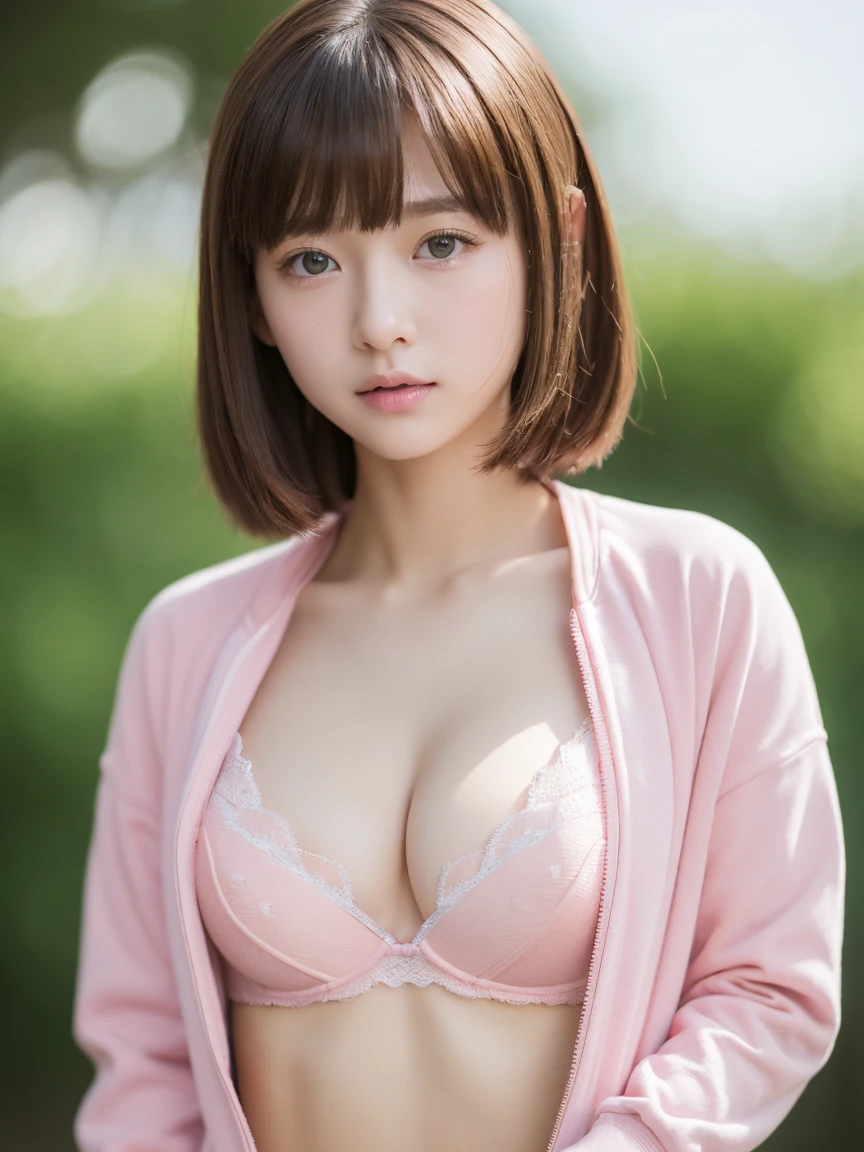 the Extremely Detailed CG Unity 8K Wallpapers、top-quality、Ultra-detail、​masterpiece、studio shoot、softfocus、Soft atmosphere、realisitic、Photo Real、tiny ?????、extremely detailed cute girl、solo、18year old、japaneelancholy look, Brown hair、long、tiny ?????、
(White Plain Bra:1.2), (Pink Tracksuit 1.3), School classroom on background、out of focus、blur、Medium ??????