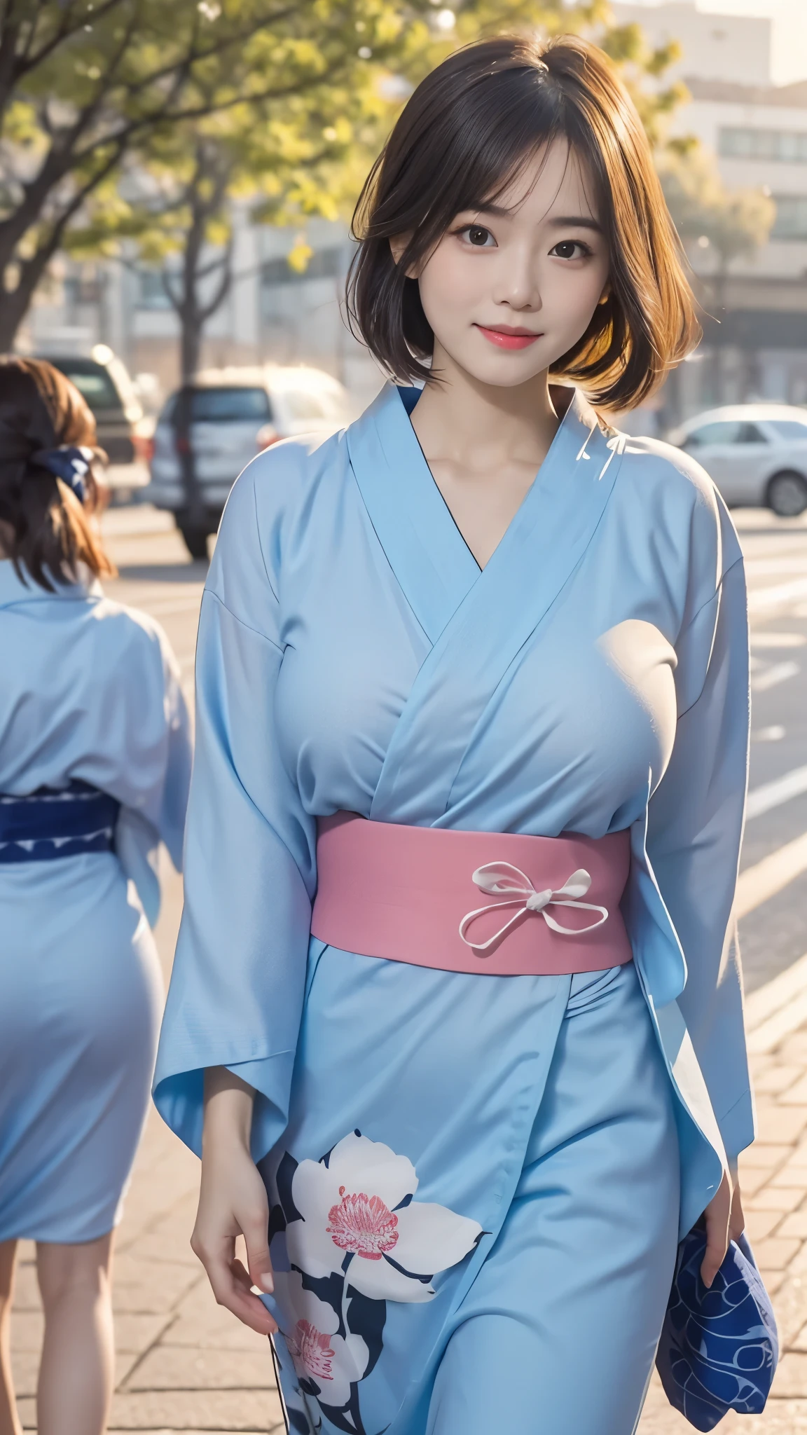 (8K、RAWphotograph、Highest quality、masterpiece:1.2),(Long Bob Cut),Looking at the audience,Viewed from the front,Sexy pose, strong,erotic,high school girl、White skin,knees,Absurd,Small face,前hairを真ん中から分けます、The forehead is visible,(Be embarrassed,Squint your eyes,Glare,strong,skinny,Irritated)、masterpiece,Highest quality、Ultra-high resolution,One person, One personで,Close-up shot、cute、Return to Student,(A clean blue-based floral yukata:1.5),high school girl,Baby Face、Japanese women,Are standing,(Photorealistic:1.37)、Photon Mapping,Realistic、cuteSmall face,Brown eyes、prospect、Written boundary depth、Blurred Background、photograph,girl、(前hairが見える), hair, kneesが見える,Light clothing,, thigh,Nogizaka idol, actress、Big and ample breasts、Cleavage、Cleavage、Super quality、Low people、(Skin with visible pores:1.2)、(Focus on the face)、Check and correct the garment construction