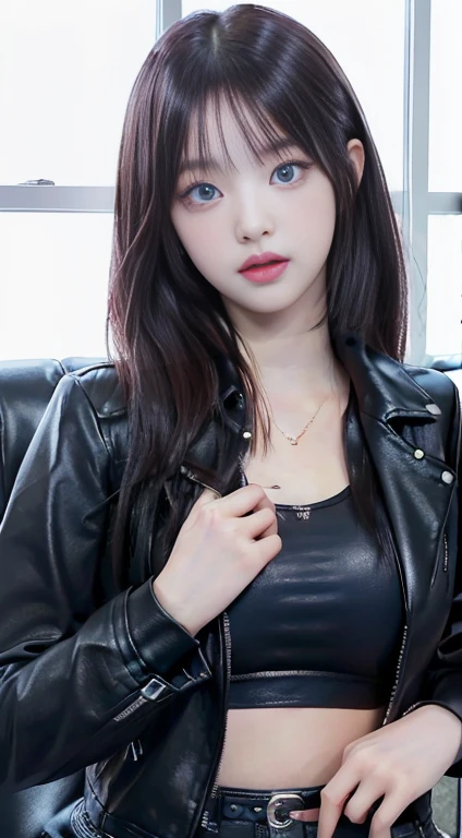 Closeup of a woman in a black leather jacket with deep blue eyes, bae suzy, portrait of jossi de blackpink, Jisoo from Blackpink, retrato de Jisoo from Blackpink, jinyoung shin, jia, jossi de blackpink, Jisoo from Blackpink, parque me, Lee Ji Eun, Lee Ji Eun, hwang se-en, female korean idol portrait