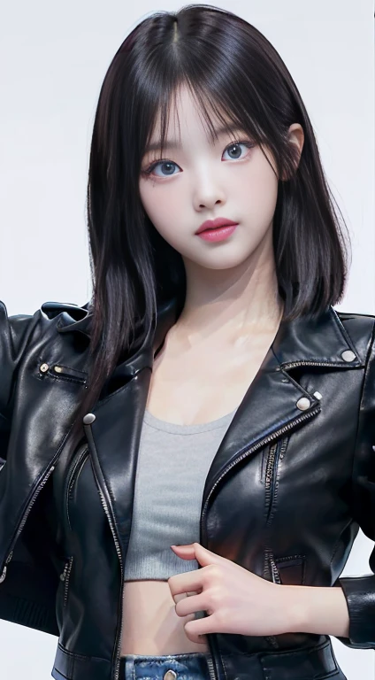 Closeup of a woman in a black leather jacket with deep blue eyes, bae suzy, portrait of jossi de blackpink, Jisoo from Blackpink, retrato de Jisoo from Blackpink, jinyoung shin, jia, jossi de blackpink, Jisoo from Blackpink, parque me, Lee Ji Eun, Lee Ji Eun, hwang se-en, female korean idol portrait