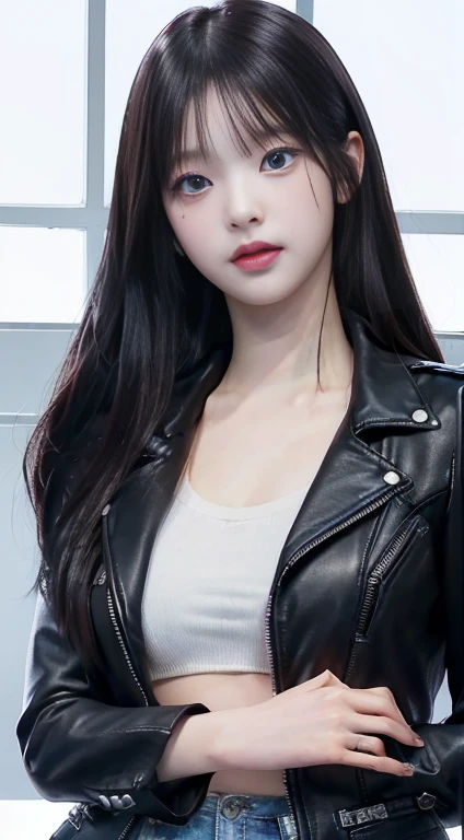 Closeup of a woman in a black leather jacket with deep blue eyes, bae suzy, portrait of jossi de blackpink, Jisoo from Blackpink, retrato de Jisoo from Blackpink, jinyoung shin, jia, jossi de blackpink, Jisoo from Blackpink, parque me, Lee Ji Eun, Lee Ji Eun, hwang se-en, female korean idol portrait