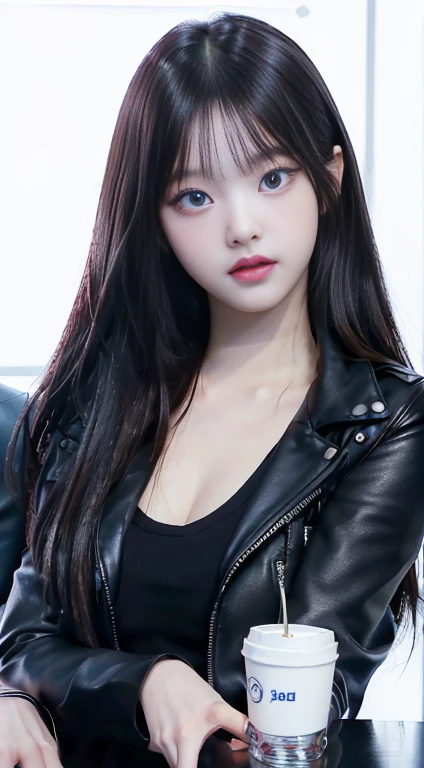 Closeup of a woman in a black leather jacket with deep blue eyes, bae suzy, portrait of jossi de blackpink, Jisoo from Blackpink, retrato de Jisoo from Blackpink, jinyoung shin, jia, jossi de blackpink, Jisoo from Blackpink, parque me, Lee Ji Eun, Lee Ji Eun, hwang se-en, female korean idol portrait