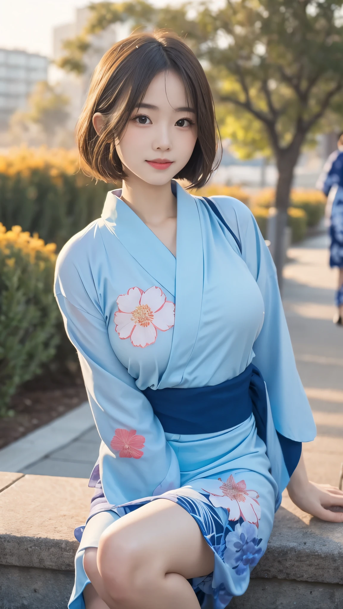 (8K、RAWphotograph、Highest quality、masterpiece:1.2),(Long Bob Cut),Looking at the audience,Viewed from the front,Sexy pose, strong,erotic,high school girl、White skin,knees,Absurd,Small face,前hairを真ん中から分けます、The forehead is visible,(Be embarrassed,Squint your eyes,Glare,strong,skinny,Irritated)、masterpiece,Highest quality、Ultra-high resolution,One person, One personで,Close-up shot、cute、Return to Student,(A clean blue-based floral yukata:1.5),high school girl,Baby Face、Japanese women,Are standing,(Photorealistic:1.37)、Photon Mapping,Realistic、cuteSmall face,Brown eyes、prospect、Written boundary depth、Blurred Background、photograph,girl、(前hairが見える), hair, kneesが見える,Light clothing,, thigh,Nogizaka idol, actress、Big and ample breasts、Cleavage、Cleavage、Super quality、Low people、(Skin with visible pores:1.2)、(Focus on the face)、Check and correct the garment construction