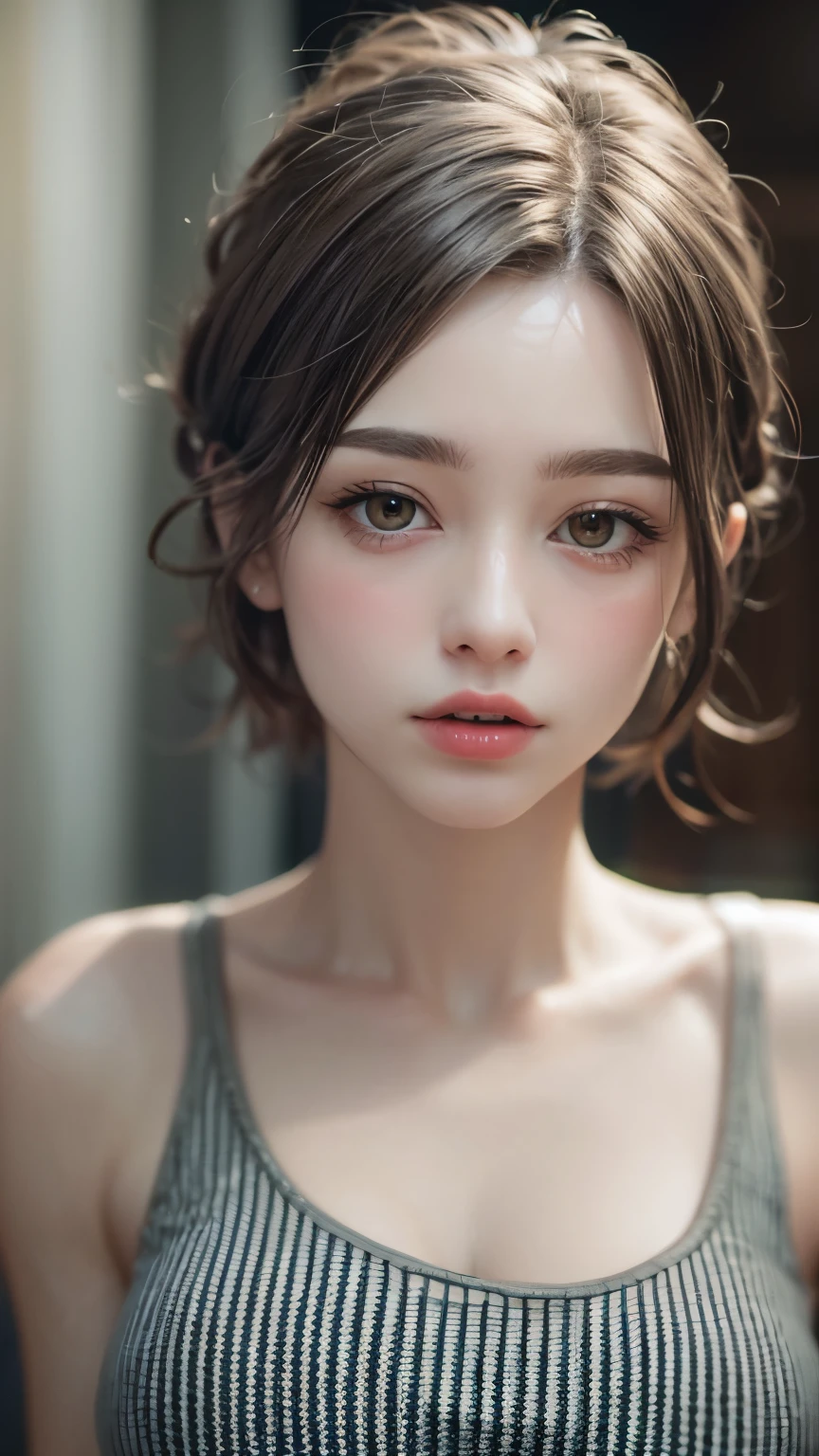 Masterpiece hyperrealist & Photorealistic beautiful girl, Realistic Skin (Pore-filled skin) Short Bob Cut Hair, Realistic red lips,Punk Girl, (head shot:1.5),Shorts