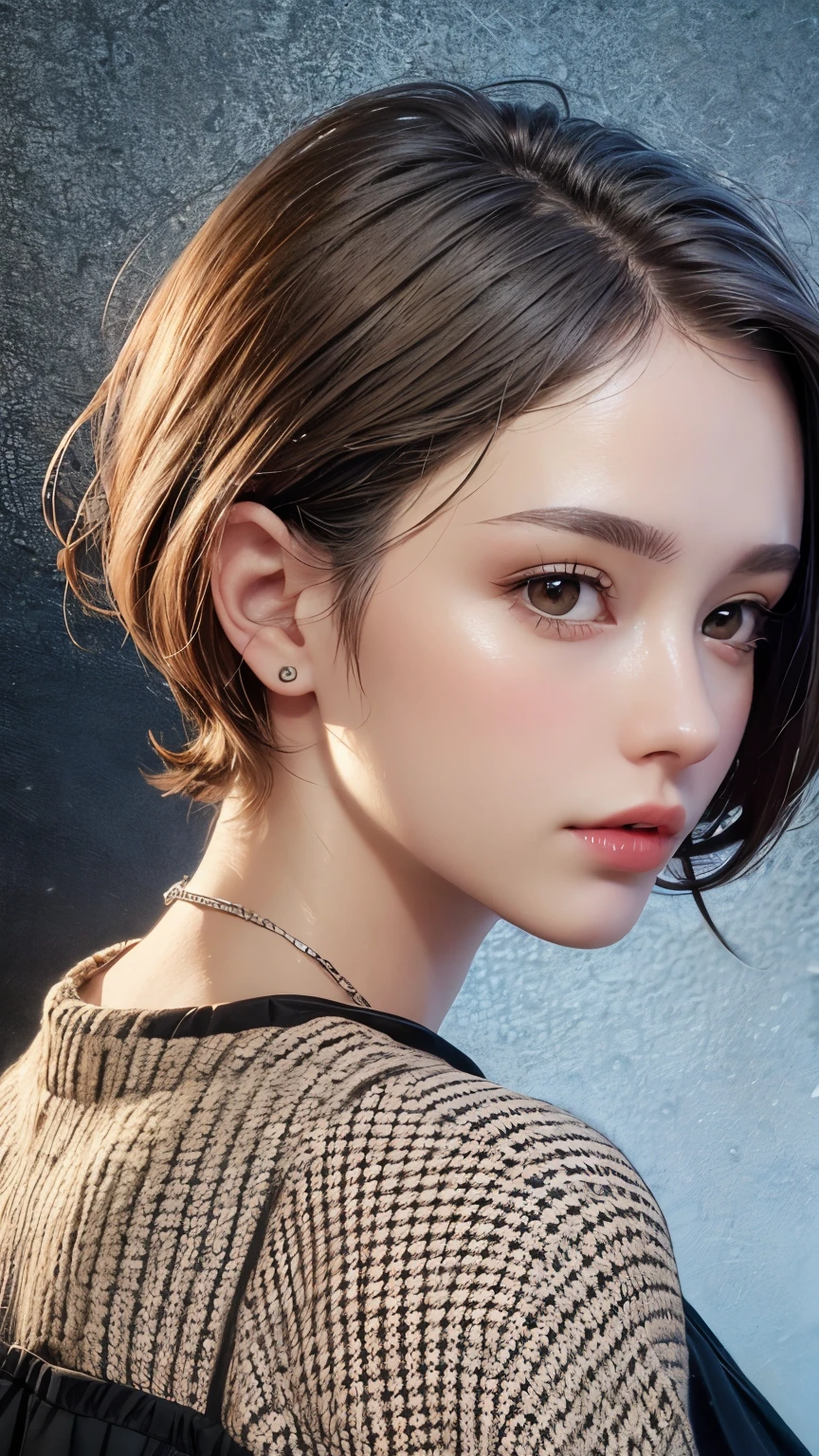 Masterpiece hyperrealist & Photorealistic beautiful girl, Realistic Skin (Pore-filled skin) Short Bob Cut Hair, Realistic red lips,Punk Girl, (head shot:1.5),Shorts