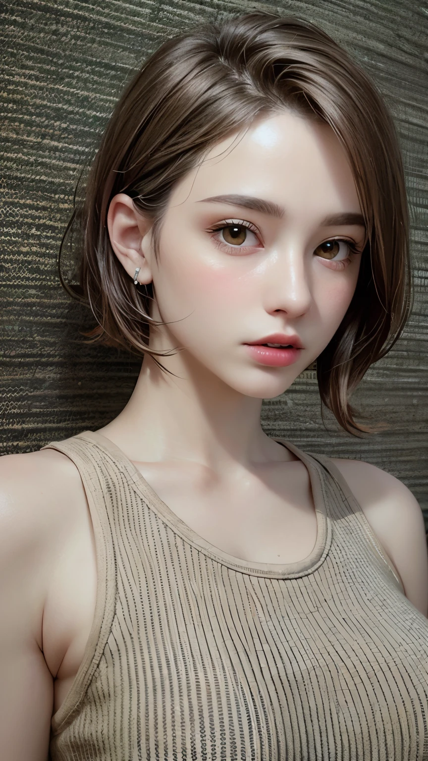 Masterpiece hyperrealist & Photorealistic beautiful girl, Realistic Skin (Pore-filled skin) Short Bob Cut Hair, Realistic red lips,Punk Girl, (head shot:1.5),Shorts