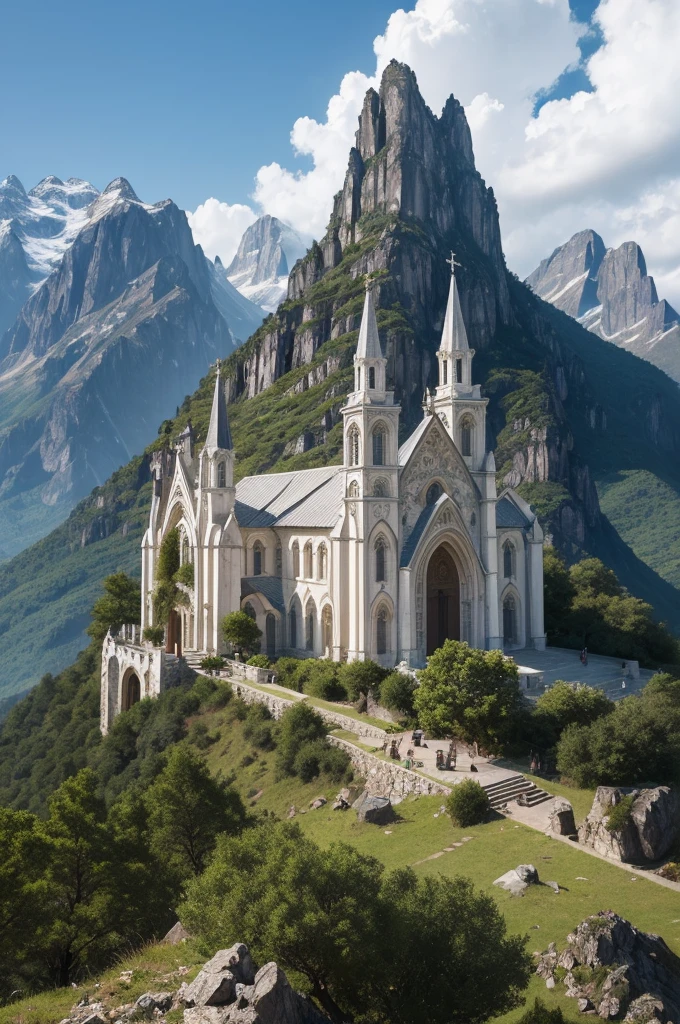 ((best quality)), ((masterpiece)), (detailed), perfect face Create an outside image of a gospel church built over a rock and appears the hole church and the top of mountain.