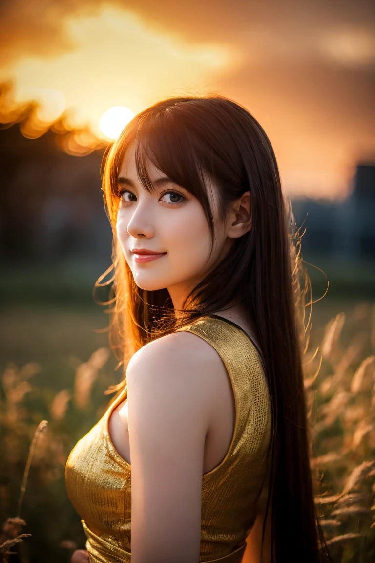 ((masterpiece)), ((best quality)), (ultra-detailed), ((kawaii)), cute, (lovely), ((extremely detailed)), 4K, (8K), best quality, (beautiful), photorealistic, brave, (upper body), a pretty woman, 1woman, solo, Japanese, warrior, medieval armor, standing on a battlefield, a sword in hand, (beautiful blue eyes:1.2), (beautiful eyes), smile, dramatic sunset in the background, dramatic lighting, backlighting, deep shadows, with a golden hue, 
