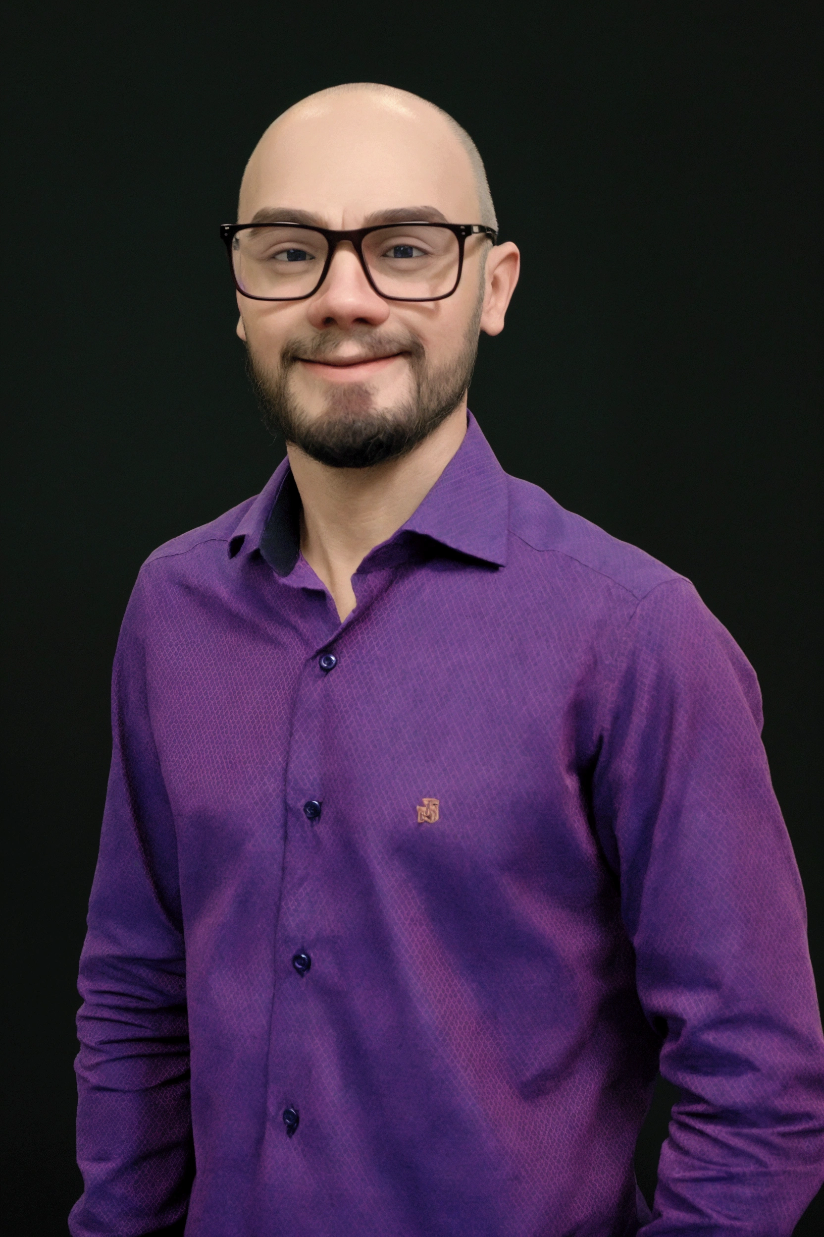 Slim man, short beard, smiling, purple shirt, wearing glasses
