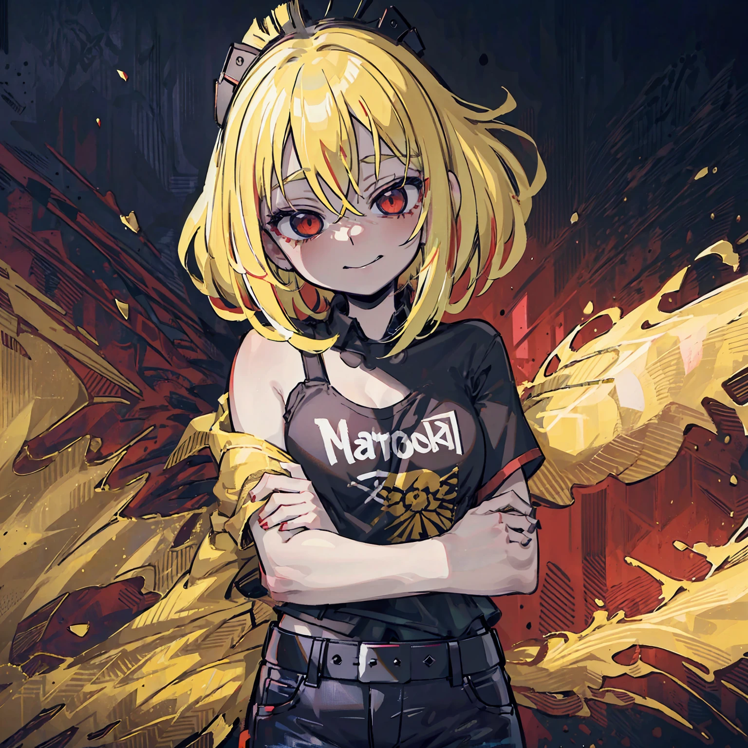 a beautiful anime girl with short blonde hair and red highlights, pointed teeth, macabre smile, wearing a black shirt with a print, jeans, holding a personalized machine gun, in front of a white wall with graffiti, yellow and red green paint splattered on the background, (best quality,4k,8k,highres,masterpiece:1.2),ultra-detailed,intricate details,cinematic lighting,dramatic atmosphere