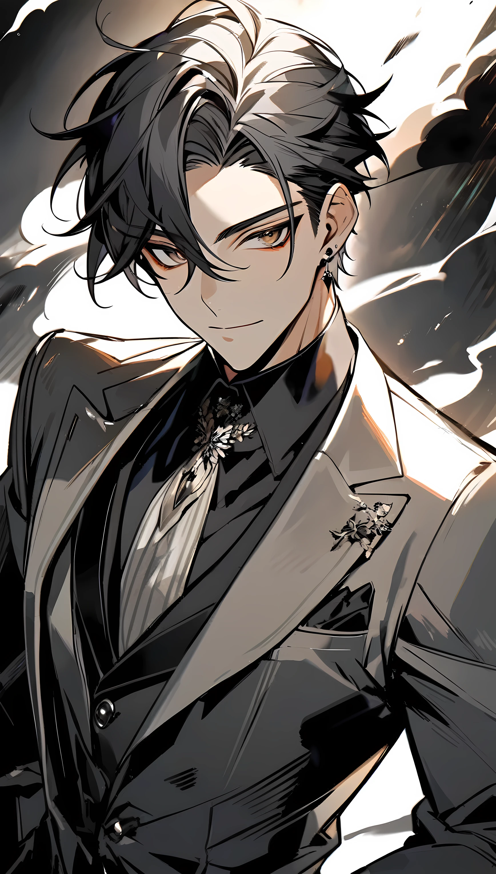 Handsome, solo, 1 male, short hair, black hair with smoke gray hair tips, brown eyes, black shirt, black and white suit