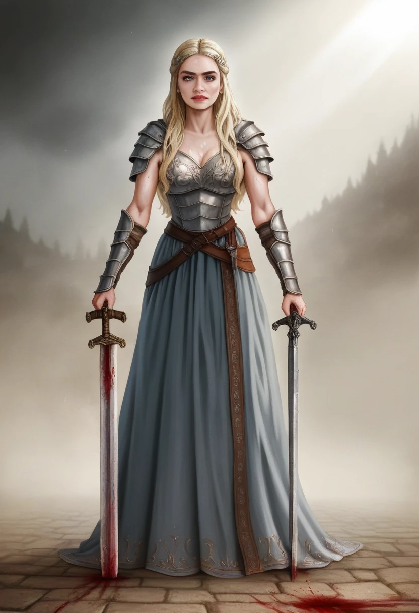 Daenerys Targaryen, gladiator dress, Full body shot,Medieval epic battlefield background,erotic warrior costume, heroic looks, soft key light, detailed hairy armpits, victory pose, blood on sword,Standing bravely after the battle,battle movie scene,cinematic color grading,blood stains on the dress,fought the battle in a dominant manner, Daenerys Targaryen PLAYED BY Emilia Clarke,Queen Daenerys Targaryen,maduro,mqmf, sexy medieval battle dress,female gladiator,body,45 year old woman,turgid chest,seductive figure,big natural breasts,medieval costumes,medieval queen dress,erotic costumes,lustful physique,((detailed face)), ((detailed facial features)),(finely detailed skin), pale skin,(in a highly detailed sexy mediaeval dress,soft natural light, (Masterpiece) (perfect aspect ratio), (realist photo), (Best Quality), (detailed) photographed with a Canon EOS R5, 50mm lens, F/2.8, HDR, (8k) (wallpaper) (cinematic lighting) (dramatic lighting) (sharp focus) (intricate), photo and gross, photo and gross, photo by gigachad,8k hd, DSLR, high quality, film grain, Fujifilm XT3, extremely detailed,photorealist, realist,incredibly absurd, highly detailed, sharp focus,(professional studio lighting),(Professional color grading), edge lighting,dramatic lighting,cinematic lighting,Light reflections, soft natural lighting, Soft color, Photon mapping, Radiosity, (pretty eyes), (ojos detaileds),  (detailed face), symmetrical eyes, sharp eyes, cold face, full body), (high level of detail), (sweaty),big breasts, high detailed skin, uncharacterized texture, hyper detailed, realist skin texture, armor, Best Quality, ultra high resolution, (photorealist: 1.4) high resolution, detailed, photo and gross, sharp fire, by lee jeffries nikon d850 film stock photography 4 ko camera