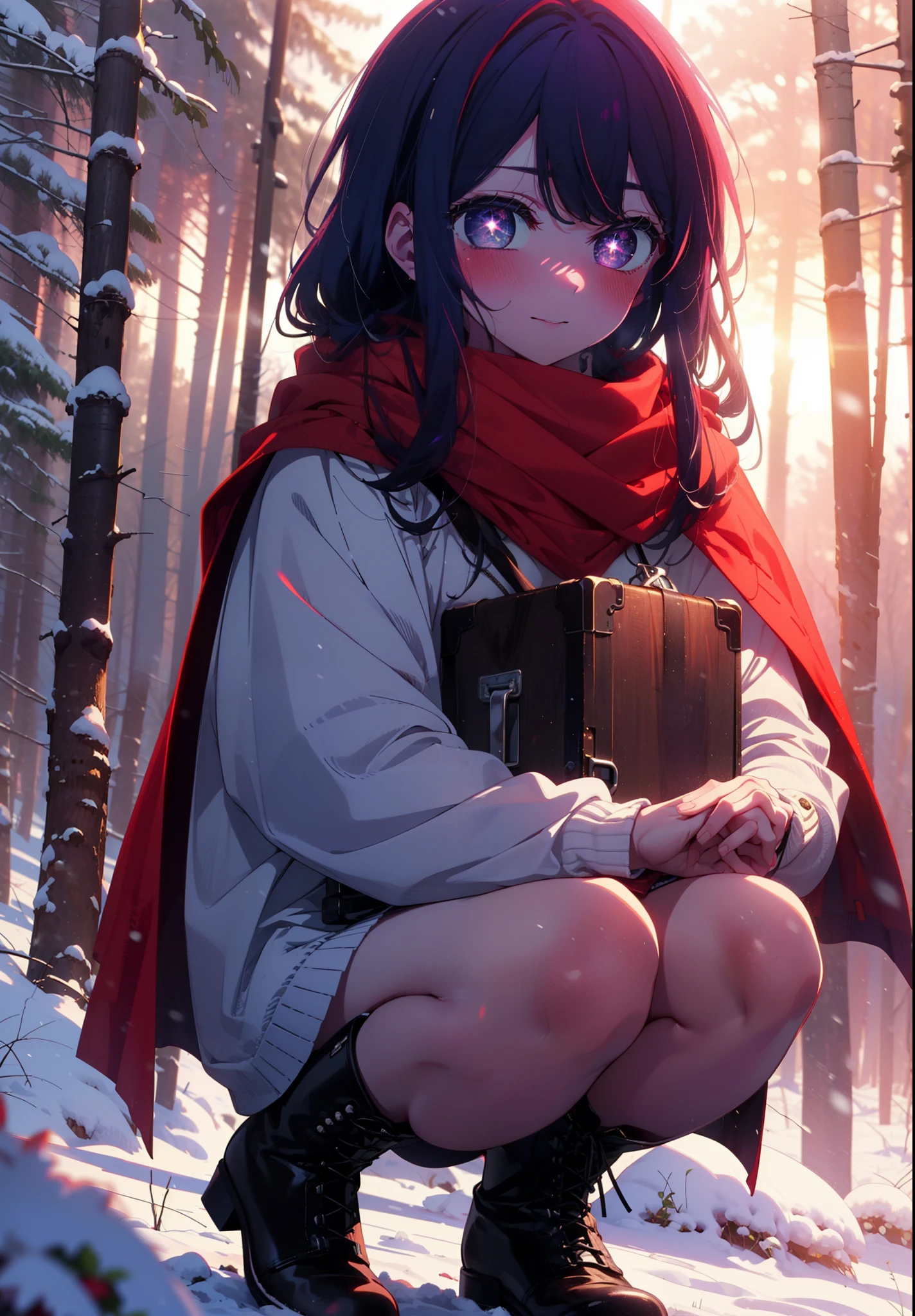 aihoshino, Ai Hoshino, Long Hair, bangs, (Purple eyes:1.1), Purple Hair, (Symbol-shaped pupil:1.5), smile,,smile,blush,White Breath,
Open your mouth,snow,Ground bonfire, Outdoor, boots, snowing, From the side, wood, suitcase, Cape, Blurred, , forest, White handbag, nature,  Squat, Mouth closed, Cape, winter, Written boundary depth, Black shoes, red Cape break looking at viewer, Upper Body, whole body, break Outdoor, forest, nature, break (masterpiece:1.2), Highest quality, High resolution, unity 8k wallpaper, (shape:0.8), (Beautiful and beautiful eyes:1.6), Highly detailed face, Perfect lighting, Extremely detailed CG, (Perfect hands, Perfect Anatomy),