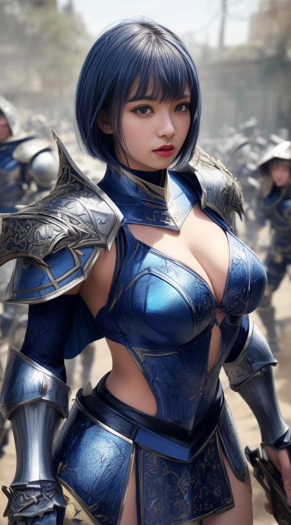 Very beautiful woman、Slender women、(Detailed face)、Realistic Skin、((Holy Knight)), ((Dark blue armor))、((((A black armor with extremely detailed and intricate decoration.:1.1))))、((Delicate photo)),(Girl Astepeace RAW Photo Details:1.25), (Highest quality:1.6), (Ultra-high resolution:1.5), (Realistic:1.75), 8K resolution, Canon EOS R5, 50mm, Absurd, Super detailed,Cinema Lighting,((Fightfield))、((Fight))、(((Navy embellished skirt)))、Thigh-high socks、Shingard、((Dark blue hair))、((Bowl cut hairstyle with bangs,))、Get a six pack、Cape、Beautiful Armor、(((Has a huge weapon)))、(In combat)、The wind is blowing、((Symmetrical armor))、((((splash))))、(((Leads a large group of blue knights:1.2)))、Round Glasses:1.4、banner、Armor with a dragon motif、