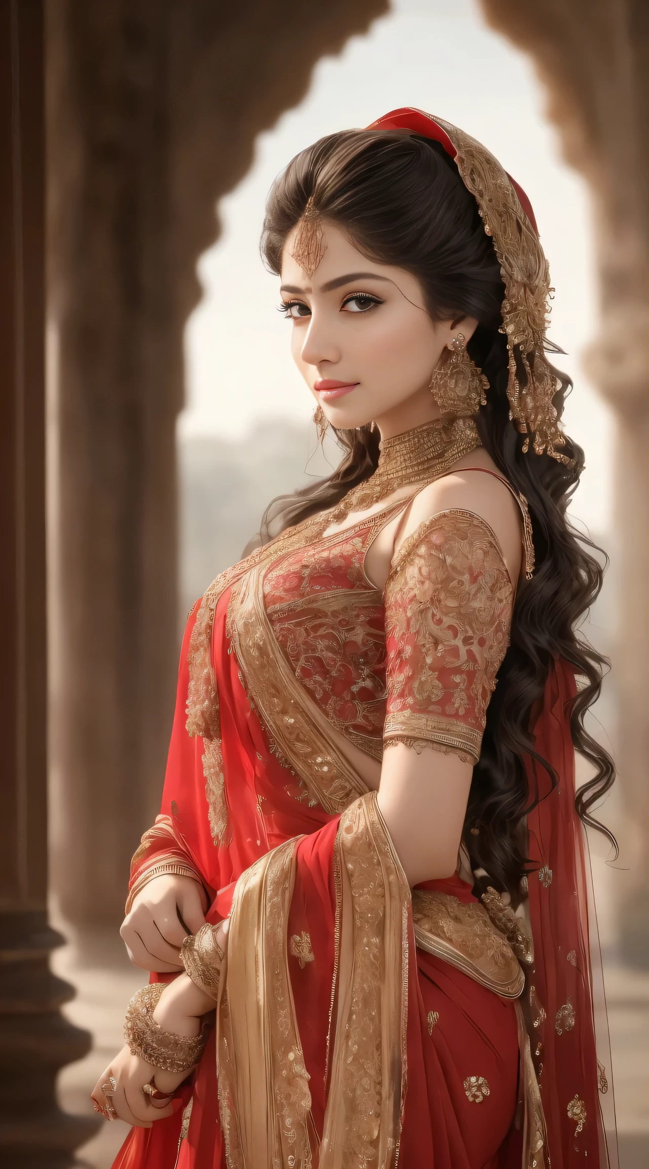 work of art, maximum quality, 8K, realperson, realisitic, Very dense CG, shining skin, fully focused, Radiant, A beautiful Arab mujra dancer, seducing gaze, wearing a mujra bikini , bold clothes, cowboy environment, cinematic look red lips,bold and majestic look, wearing a loose blouse, sleek design, mesmerizing gaze,bold and majestic look, royal palace background, Beautiful and elegant lady