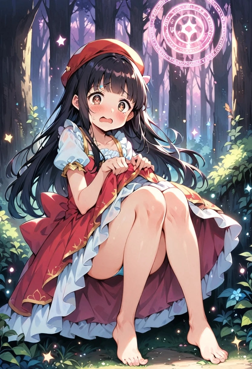 masterpiece, best quality, expressive eyes, perfect face, a man get transformed into a cute toddler princess, solo, surpriced, blushed, black hair, long hair, red baseball cap, brown eyes, full body, bare foot, in a forest, glitter, embarrassed pose, magic circle on the floor. cute dress, dress lift, cute underwear, ecchi, nsfw