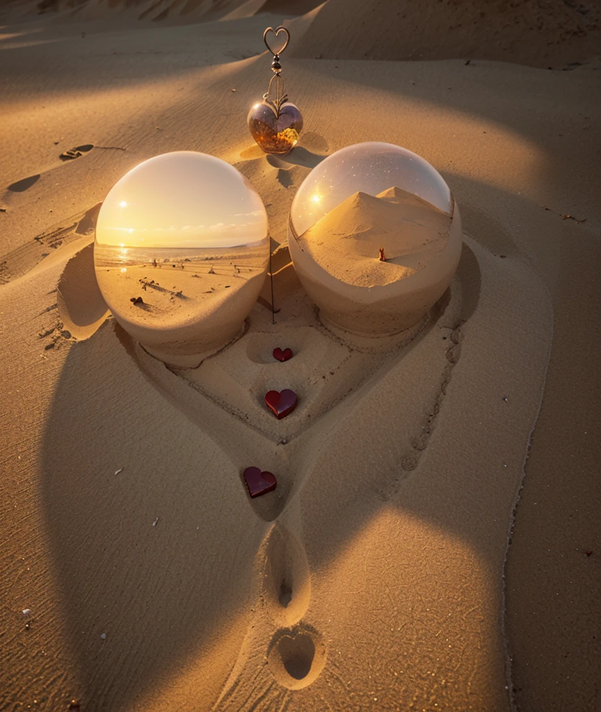 Create a real image of a heart-shaped hourglass buried in the sand with sunset
