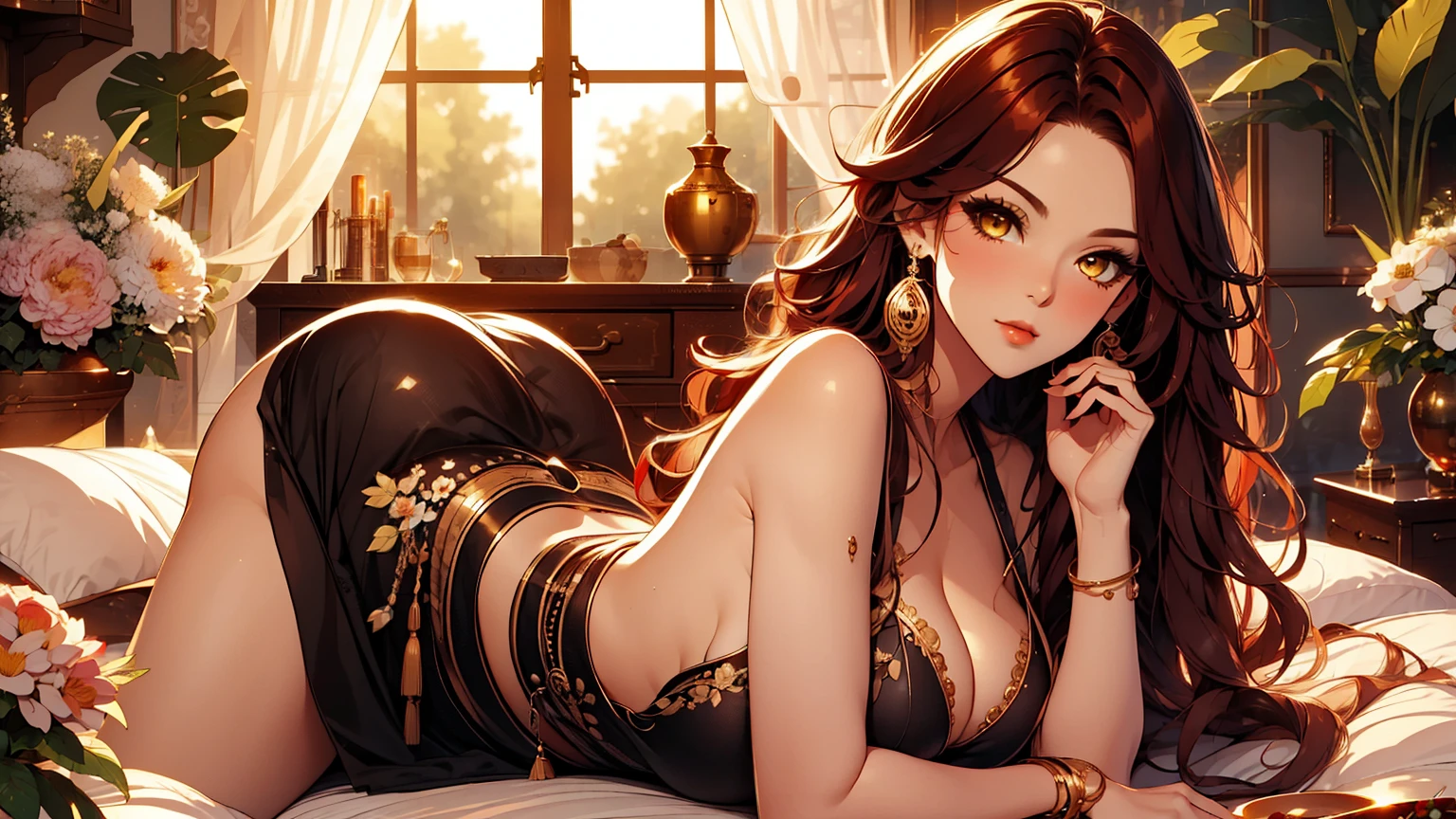 beautiful, marika, queen marika, black dress, deep cleavage, wavy red hair, golden eyes, bra, pool curtain, sexy, sensual, flower garden, full figure, perfect anatomy,