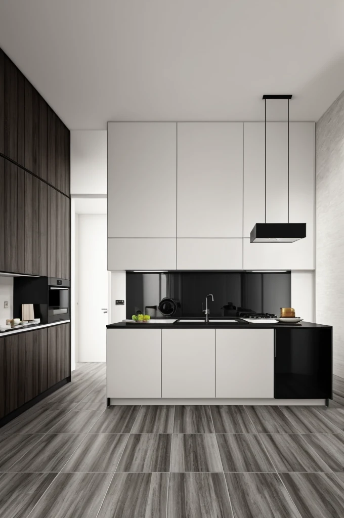 Modern kitchen with porcelain tile 60cmx120cm matte white floor, large counter 7 meters half matte black color, half wood color