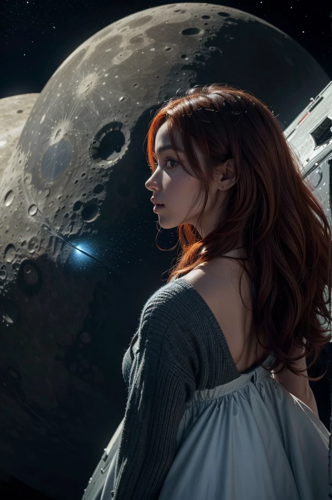 Create a detailed and realistic image of a spaceship landing on the Moon. The lunar surface shows inhabited cities with futuristic architecture. From the spacecraft, a Latino-American woman with long, red hair exits wearing a black dress. Behind her, an Afro-Brazilian man in modern attire with black and blue tones follows. Both appear around 25 years old. The scene should be ultra high-definition (UHD) or 4K, emphasizing lunar textures, city lights, and Earth in the background, capturing a sense of exploration and wonder in a scientifically accurate yet visually stunning setting.