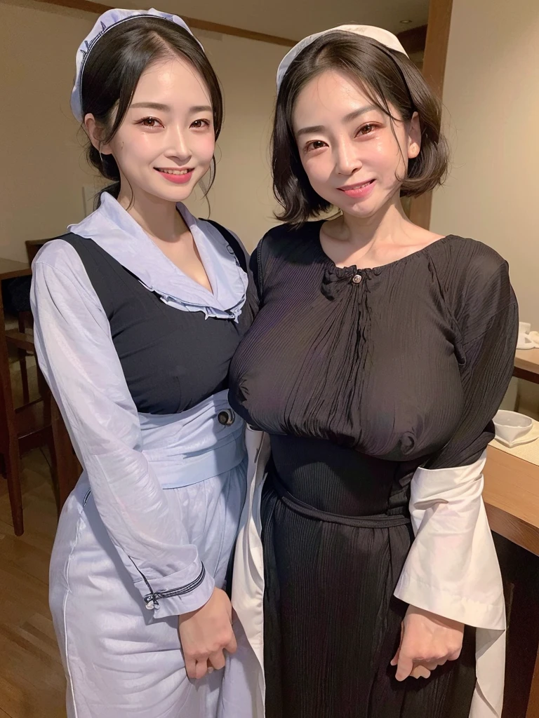 Highest quality、masterpiece、8K、Very detailed、Realistic、(Two Women)、(Looking at me with a smile:1.5)、0 years old:1.5)、(Wrinkles around the eyes:1.5)、(Wrinkles around the mouth:1.5)、whole body、Black Hair、Small face、(Slender:1.2)、(Big Breasts)、(Erect nipples:1.2)、(Waitress Uniform:1.2)