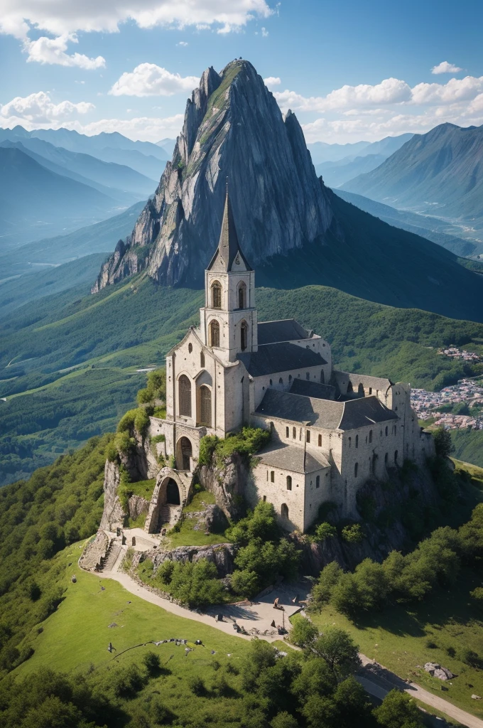 ((best quality)), ((masterpiece)), (detailed), perfect face a rock and appears the hole church and the top of mountain.