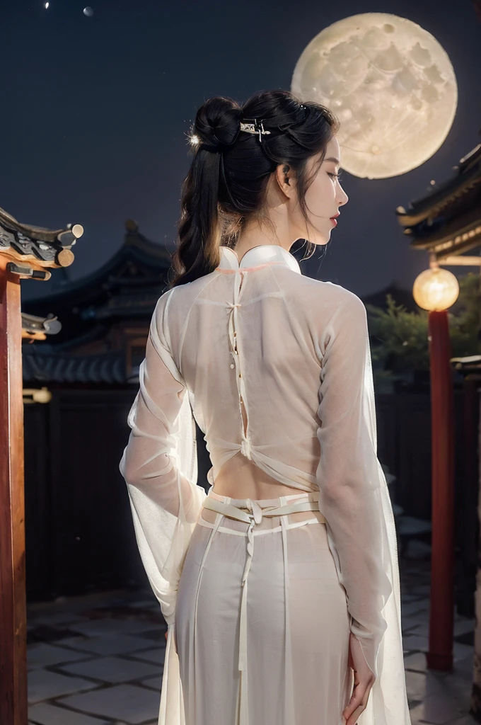 (((best quality))),(((ultra detailed))),(((masterpiece))),illustration,((1 beautiful girl,solo)),(short ponytail:1.2),((bright eyes,gentle smile)),((slim,thin)),((bare back,towering hips,butt crack)),(white see through sheer Hanfu:1.3),flowing fabric,serene demeanor,vibrant plants and trees,(Chinese-style architecture:1.3),tile roofs,intricate wooden carvings,rich and vivid colors,(serene glow of the moon:1.5),(((colorful clouds))),traditional Chinese garment,(((summer night,village courtyard))),((standing)),((from back,upper body))