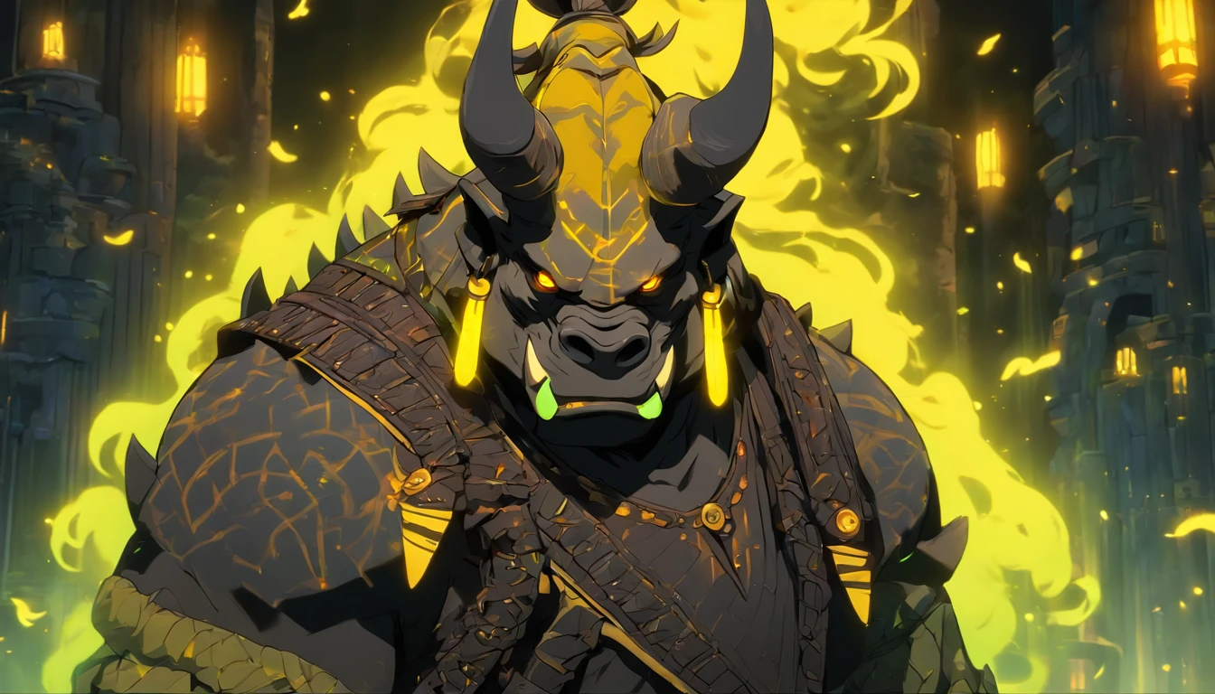 Ancient anime style, artbook, comicbook, RPG, futuristic medieval, steampunk.  A samurai orc rhinoceros warrior, wearing black technological medieval magic armor with yellow glowing magic markings, dynamic pose, full body, human face with yellow glowing magic tribal tattoos, orc features, black rhino horn with yellow glowing magic markings, tail rhinoceros, magical black stone skin with yellow glowing carved markings, glowing eyes, using a technological black rhinoceros horn magic longsword with yellow glowing magic markings.  In a metropolis of a magical kingdom with advanced technology, with tall buildings with neon details, mixing technology with magical vegetation, steampunk.  Wide scenery, cinematic scene with several layers of depth, dynamics, magical lighting.