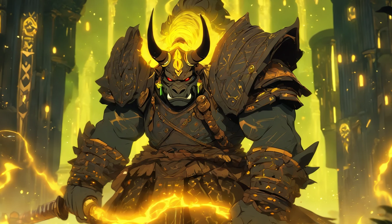 Ancient anime style, artbook, comicbook, RPG, futuristic medieval, steampunk. A samurai orc rhinoceros warrior, wearing black technological medieval magic armor with yellow glowing magic markings, dynamic pose, full body, human face with yellow glowing magic tribal tattoos, orc features, black rhino horn with yellow glowing magic markings, tail rhinoceros, magical black stone skin with yellow glowing carved markings, glowing eyes, using a technological black rhinoceros horn magic longsword with yellow glowing magic markings. In a metropolis of a magical kingdom with advanced technology, with tall buildings with neon details, mixing technology with magical vegetation, steampunk. Wide scenery, cinematic scene with several layers of depth, dynamics, magical lighting.