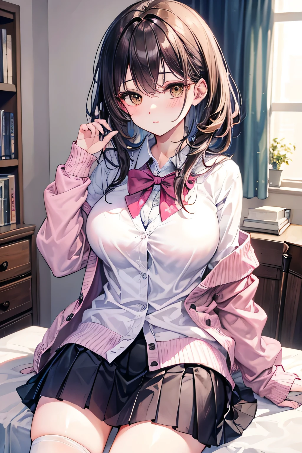 1 female, (Beautiful face with detailed shading), whole body, 40s, (Big Breasts), Beaver, Brown eyes, (Pink Cardigan), Open cardigan, White Camisole Blouse, (Yellow pleated skirt), White knee-highs, On the bed, (Tabletop)), ((Highest quality)), (Super detailed), ((Fascinating)), ((Very detailed)), 4K, (8K), Highest quality, (beautiful),(((World Class Quality))), Very detailed, High resolution,