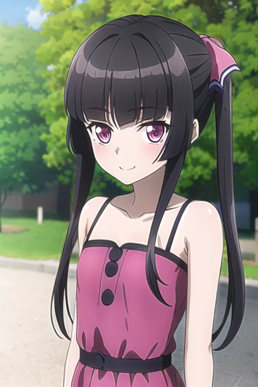 (Very detailed CG ユニティ 8k 壁紙, masterpiece, Super best quality, Very detailed, High resolution, Absurd), (anime:1.4), (shape), One Girl, alone,
((Shirabe Tsukuyomi)), Black Hair, Blunt bangs, Twin tails, Pink Eyes, とても小さいchest,chest, ************, Shiny Hair,  
View your viewers,  alone, , Blushing your nose,Outdoor,(dress:1.3),Exposing shoulders,Embarrassed､smile,blush,Date