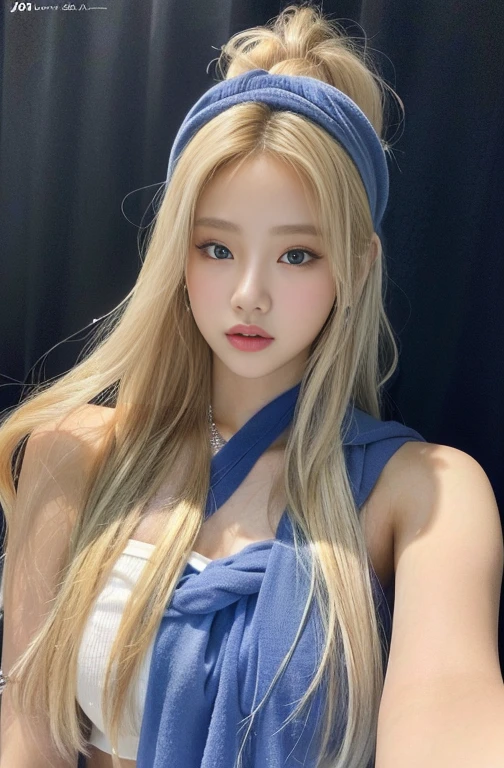 Blonde girl with blue scarf and white top posing for a photo with hazel eyes., roseanne park by blackpink, with long blonde hair, jossi de blackpink, with long white hair, lalisa manobal, heonhwa choe, jaeyeon nam, with long white hair, with long hair, kim taejin, Lalisa Manoban of Blackpink, Sakimichan, tanned skin
