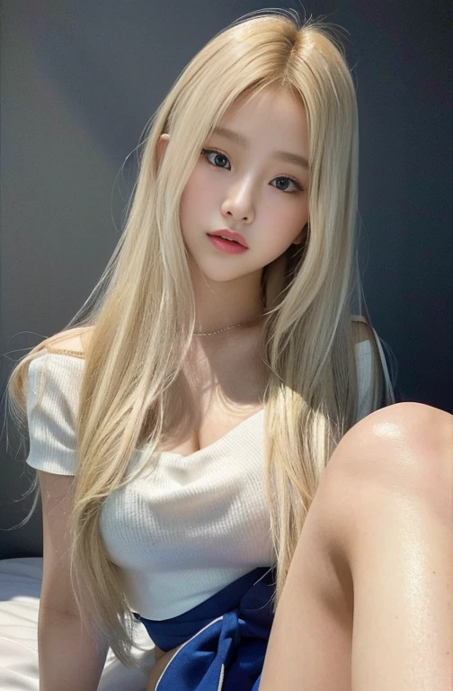 Blonde girl with blue scarf and white top posing for a photo with hazel eyes., roseanne park by blackpink, with long blonde hair, jossi de blackpink, with long white hair, lalisa manobal, heonhwa choe, jaeyeon nam, with long white hair, with long hair, kim taejin, Lalisa Manoban of Blackpink, Sakimichan, tanned skin