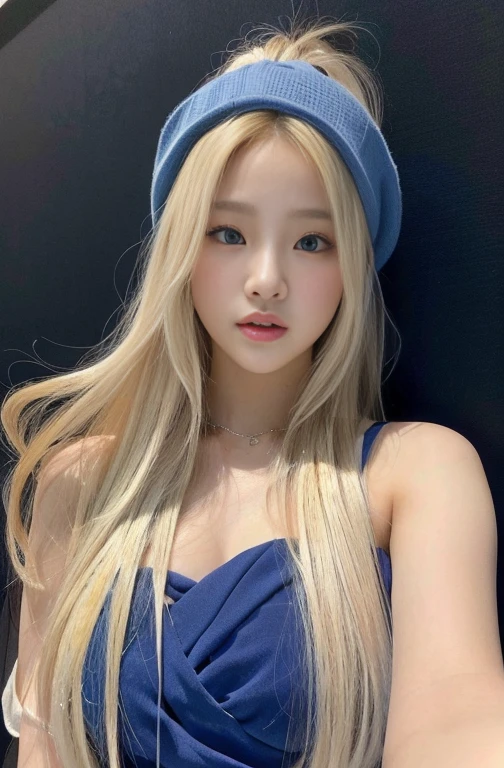 Blonde girl with blue scarf and white top posing for a photo with hazel eyes., roseanne park by blackpink, with long blonde hair, jossi de blackpink, with long white hair, lalisa manobal, heonhwa choe, jaeyeon nam, with long white hair, with long hair, kim taejin, Lalisa Manoban of Blackpink, Sakimichan, tanned skin