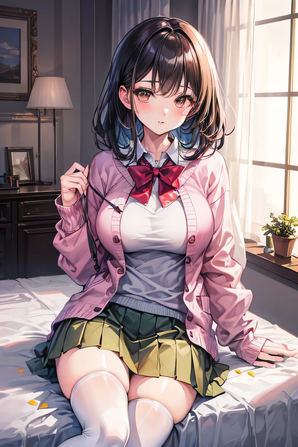1 female, (Beautiful face with detailed shading), whole body, 40s, (Big Breasts), Beaver, Brown eyes, (Pink Cardigan), Open cardigan, White Camisole Blouse, (Yellow pleated skirt), White knee-highs, On the bed, (Tabletop)), ((Highest quality)), (Super detailed), ((Fascinating)), ((Very detailed)), 4K, (8K), Highest quality, (beautiful),(((World Class Quality))), Very detailed, High resolution,