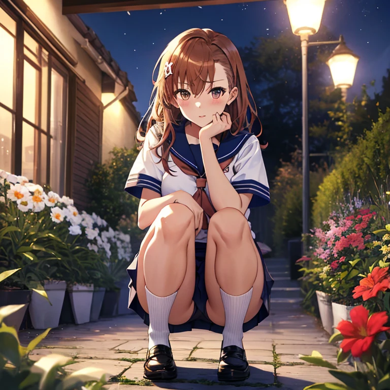 Slender Body:1.5, 12 Talents, beautiful girl, cute, Pitiful, Sailor suit, 夜のgarden, garden, squat, Leg spread, Misaka Mikoto, (masterpiece), highest quality, 1girl, uhd, retina, masterpiece, ccurate, anatomically correct, textured skin, super detail, high details, high quality, best quality, highres, 4K