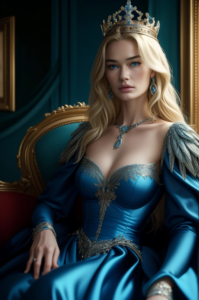 16 year old Lena Headey, ultra detailed face, ultra detailed blue eyes, long blonde hair, (queen dress), queen crown, (((masterpiece)))