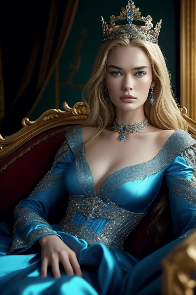 16 year old Lena Headey, ultra detailed face, ultra detailed blue eyes, long blonde hair, (queen dress), queen crown, (((masterpiece)))